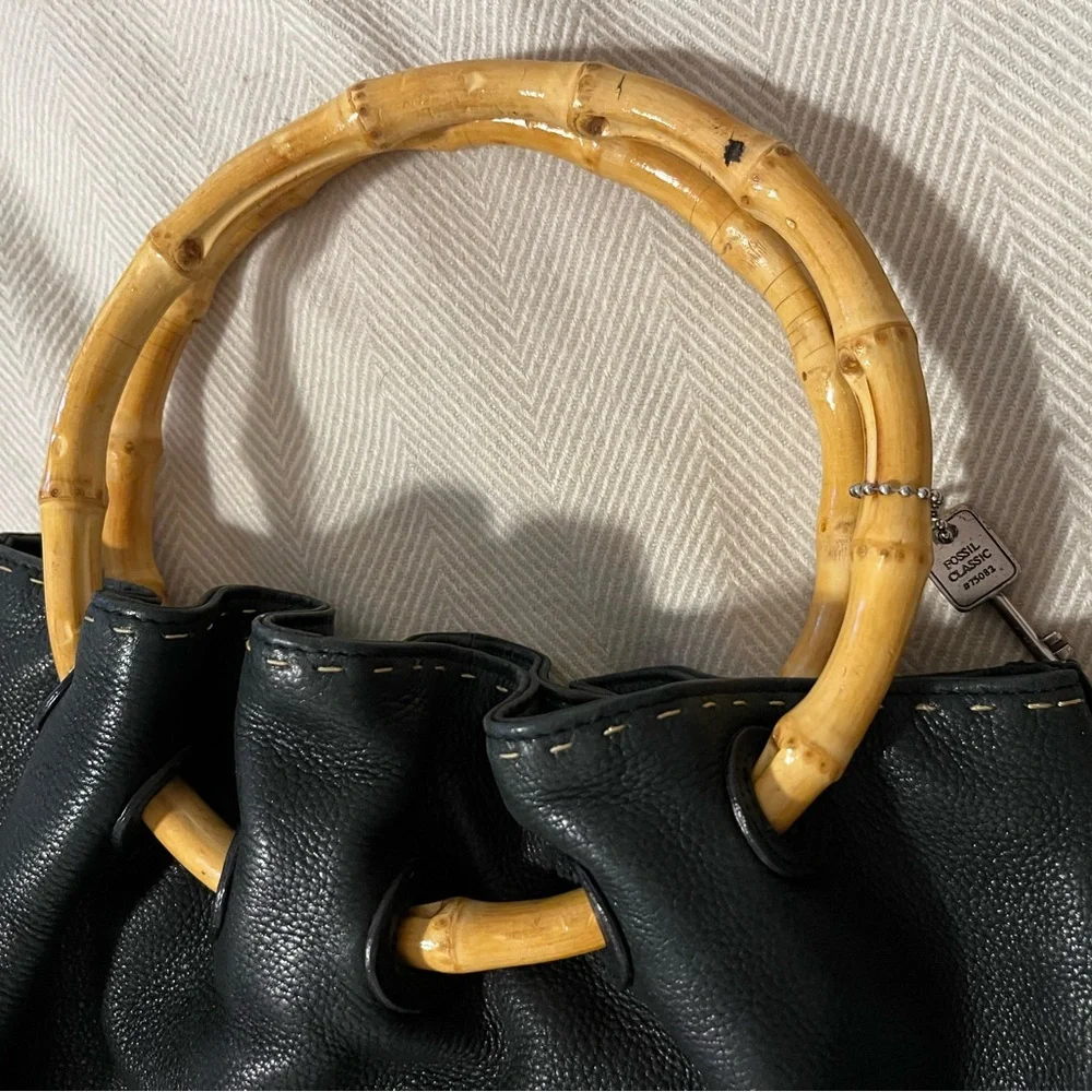 Black Leather Tote with Bamboo Handles - Elegant Women's Bag